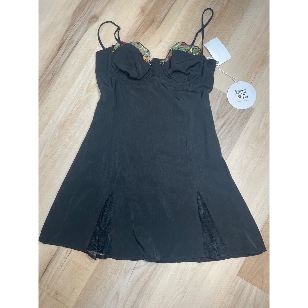 Princess Polly Black Embroidered Bustier Mini Dress Floral Lace Slit US 8 NEW